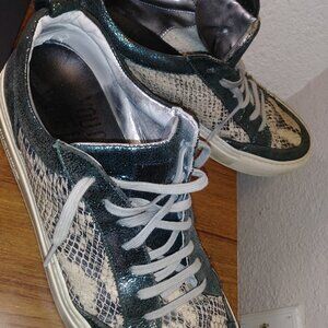 P448 GREEN GLITTER AND PYTHON LOW TOP SNEAKERS MANUFACTURALLY DISTRESSED. SZ 41